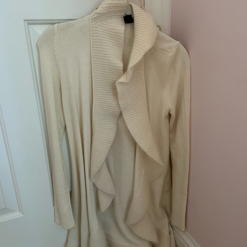 White House Black Market Cream Ruffle-Front Open Cardigan